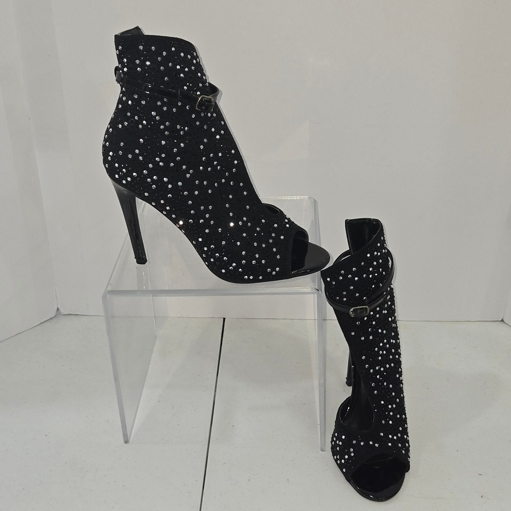 Cape Robbin Suzzy Black Rhinestone Open Toe Stiletto Ankle Bootie Heels Women 7M